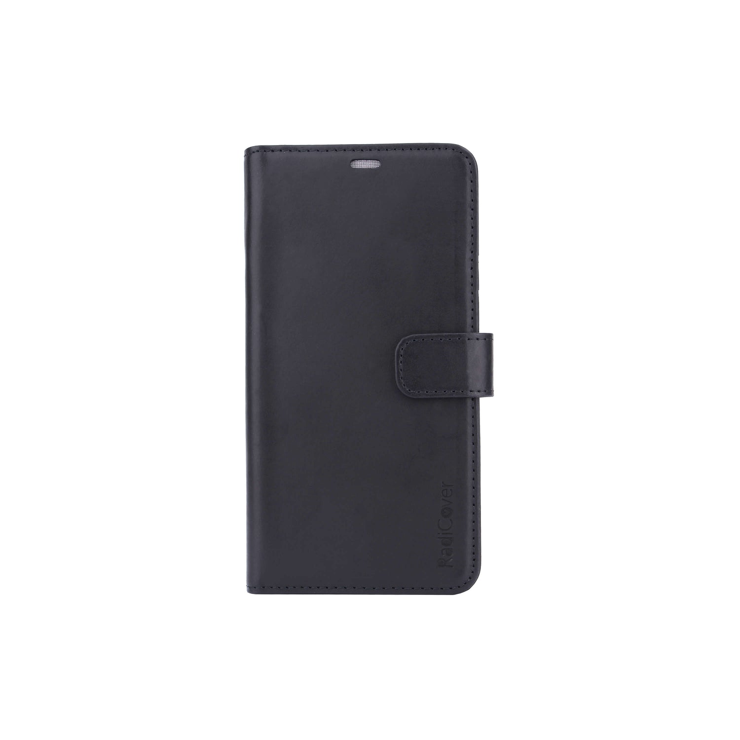 Radicover Exclusive 2-i-1 iPhone Xs Max-etui i svart skinn med magnetlås og RFID, vist på hvit.