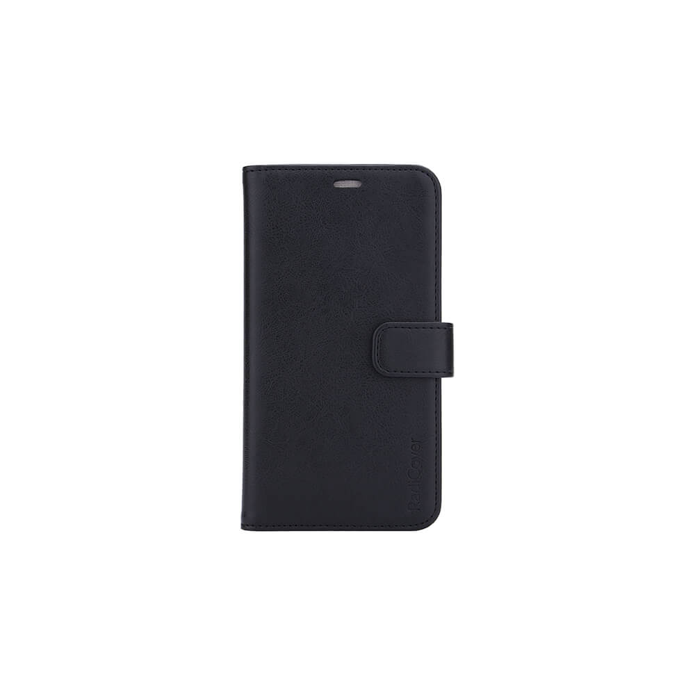 Radicover Fashion Wallet - iPhone 11: Svart vegansk læretui med RFID-beskyttelse og magnetisk lukking, vist lukket.