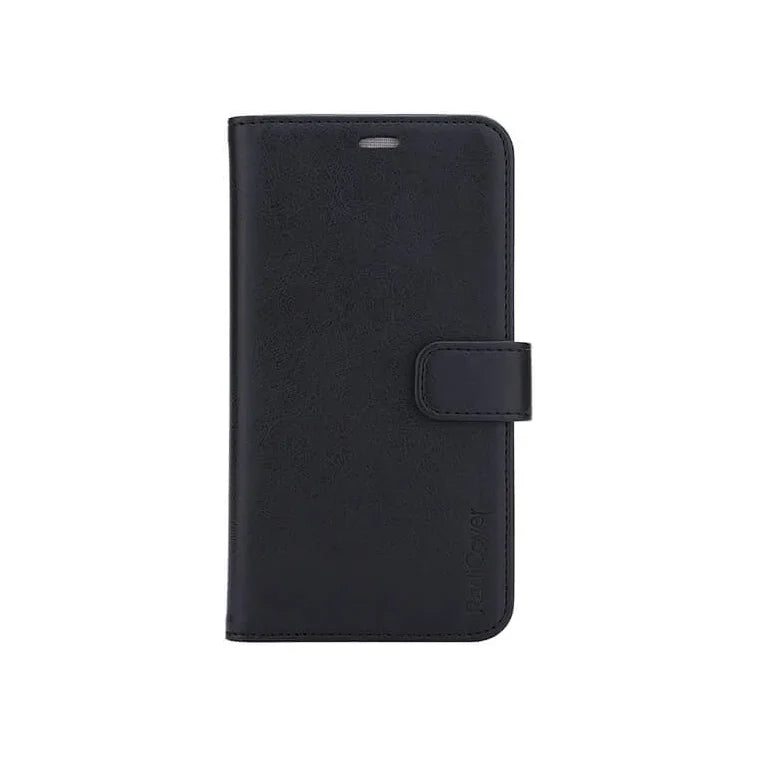 Radicover Fashion Wallet for iPhone 11 Pro Max-svart vegansk skinn, RFID-sikkert, med magnetlås på hvit bakgrunn.