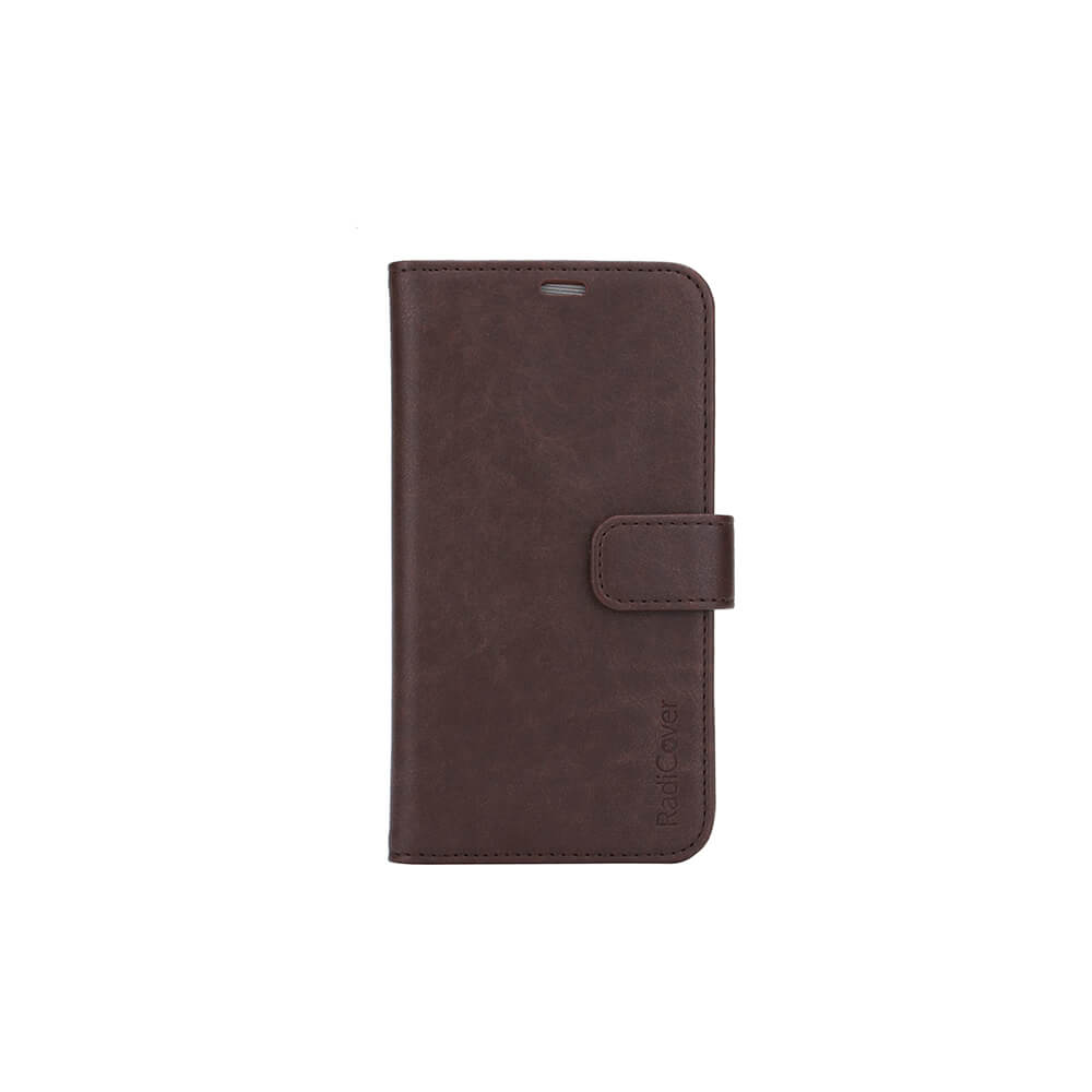Radicover Fashion Wallet for iPhone 11 Pro Max i brunt vegansk skinn med magnetlås og RFID-beskyttelse, lukket.