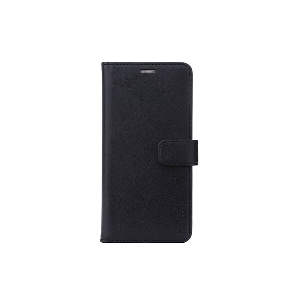 Radicover Fashion Wallet for Samsung Galaxy A51 i svart vegansk skinn, RFID-beskyttet med magnetlås, vist lukket.