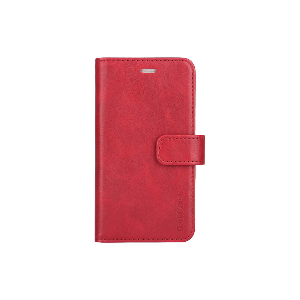 Radicover Fashion Wallet for iPhone 6/7/8/SE i rødt vegansk skinn med klaff foran, magnetlås og RFID-beskyttelse.
