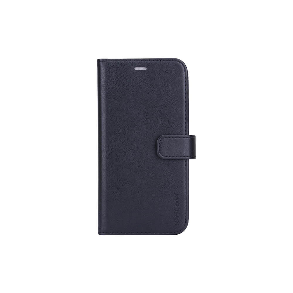 Radicover Fashion Wallet for iPhone 12 Pro Max: svart vegansk skinn med RFID-beskyttelse og magnetlås.