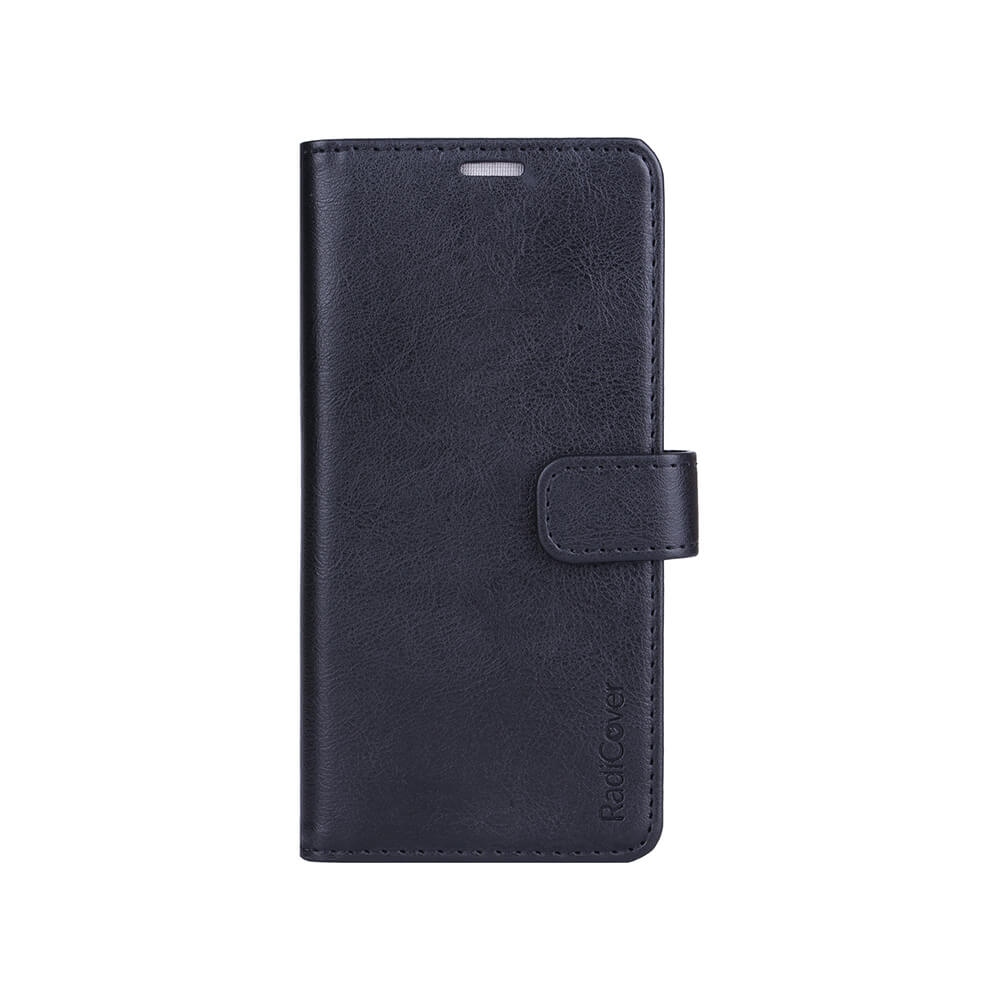 Radicover Fashion Wallet for Samsung Galaxy S21/S30 i svart vegansk skinn, lukket med magnetlås på hvit bakgrunn.