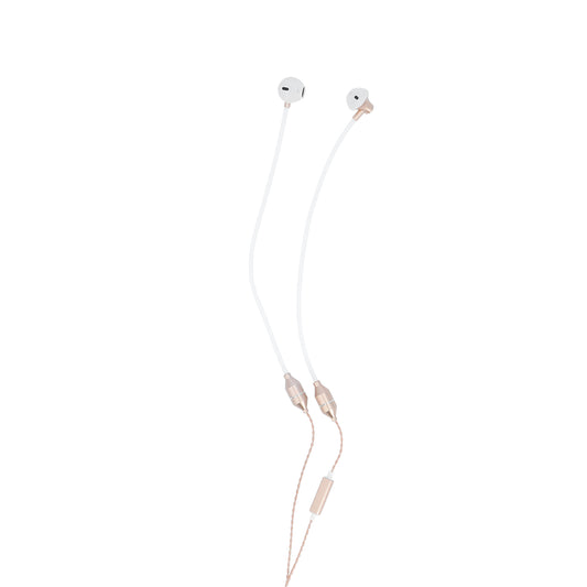 Radicover Wired In-Ear-hodetelefoner med mikrofon, hvite med gullfargede detaljer og Air Tube-teknologi mot mobilstråling.
