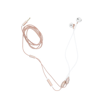 Radicover Wired In-Ear-hodetelefoner med mikrofon, hvite med gullfargede detaljer og Air Tube-teknologi mot mobilstråling.