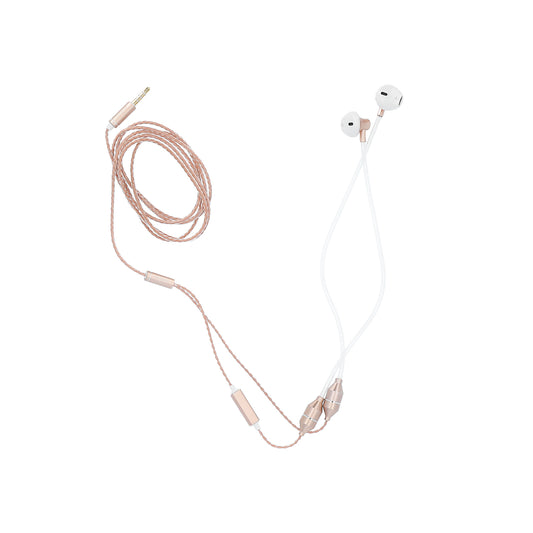 Radicover Wired In-Ear-hodetelefoner med mikrofon, hvite med gullfargede detaljer og Air Tube-teknologi mot mobilstråling.