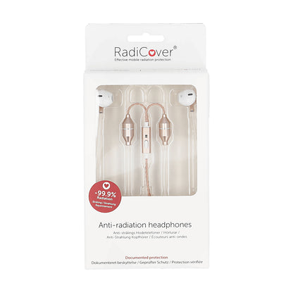Radicover Wired In-Ear-hodetelefoner med mikrofon, hvite med gullfargede detaljer og Air Tube-teknologi mot mobilstråling.