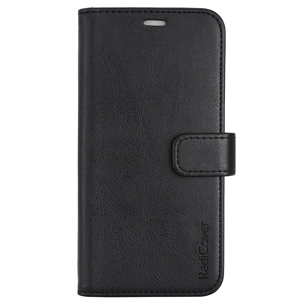 Radicover Fashion Wallet for iPhone 13/14: svart vegansk læretui med magnetisk lås og anti-strålingsteknologi.