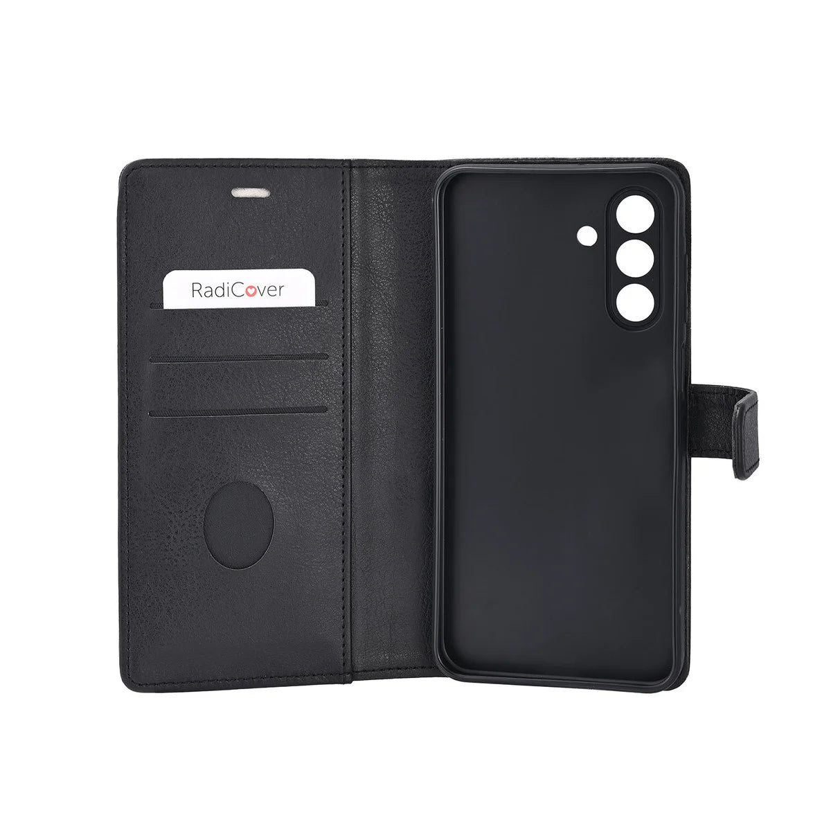 Radicover Fashion Wallet for Samsung Galaxy A57 5G: svart vegansk skinn, RFID-beskyttet, kamerautskjæringer, baksidevisning.