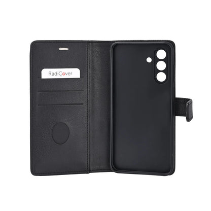 Radicover Fashion Wallet for Samsung Galaxy A57 5G: svart vegansk skinn, RFID-beskyttet, kamerautskjæringer, baksidevisning.
