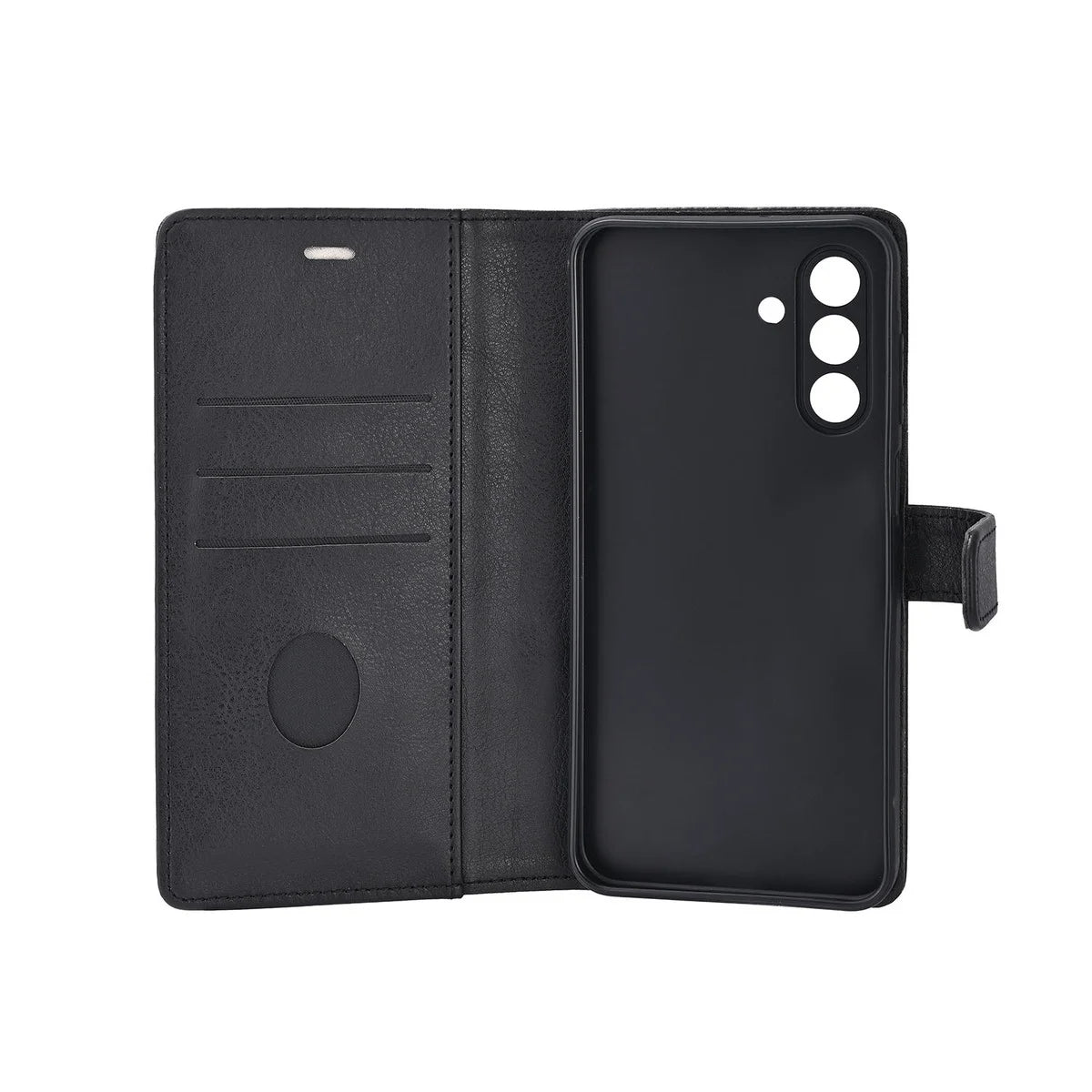 Radicover Fashion Wallet for Samsung Galaxy A57 5G: svart vegansk skinn, RFID-beskyttet, kamerautskjæringer, baksidevisning.