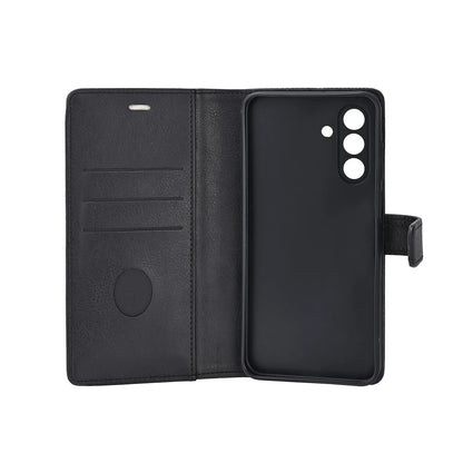 Radicover Fashion Wallet for Samsung Galaxy A57 5G: svart vegansk skinn, RFID-beskyttet, kamerautskjæringer, baksidevisning.