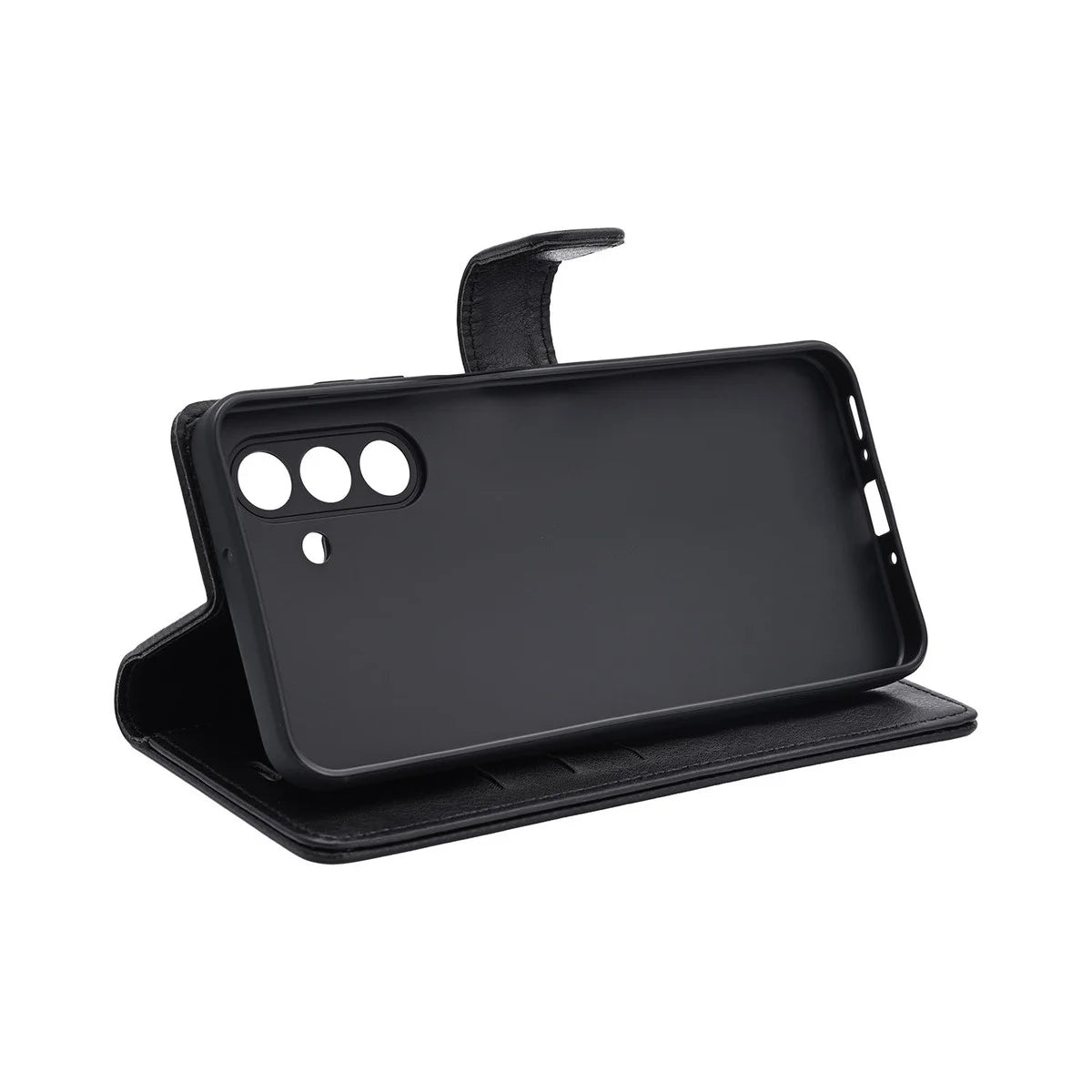 Radicover Fashion Wallet for Samsung Galaxy A57 5G: svart vegansk skinn, RFID-beskyttet, kamerautskjæringer, baksidevisning.