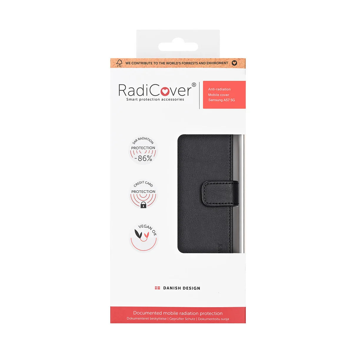 Radicover Fashion Wallet for Samsung Galaxy A57 5G: svart vegansk skinn, RFID-beskyttet, kamerautskjæringer, baksidevisning.